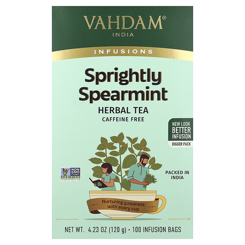 Vahdam India Infusions, Herbal Tea, Sprightly Spearmint, Caffeine Free, 100 Infusion Bags, 4.23 oz (120 g)