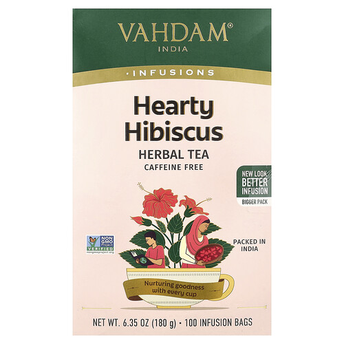 Vahdam India Infusions, Herbal Tea, Hearty Hibiscus, Caffeine Free, 100 Infusion Bags, 6.35 oz (180 g)