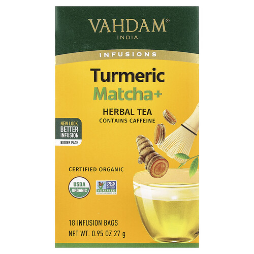 Vahdam India Infusions, Herbal Tea, Turmeric Matcha+, 18 Infusion Bags, 0.95 oz (27 g)