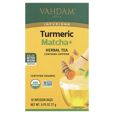 VAHDAM India, Infusiones, Té de hierbas, Cúrcuma y matcha+, 18 bolsitas de infusión, 27 g (0,95 oz)