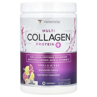 Vitauthority, Multi Collagen Protein+, Limonata rosa, 276 g
