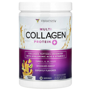 Vitauthority, Proteína con múltiples tipos de colágenos más vitamina C y ácido hialurónico, Ponche tropical, 282 g (9,9 oz)