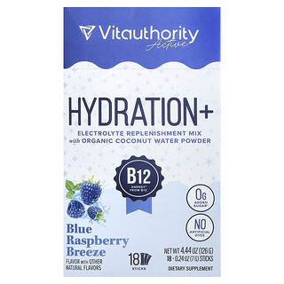 Vitauthority, Active, Hidratación y más, Brisa de frambuesa azul, 18 barritas, 7 g (0,24 oz) cada una