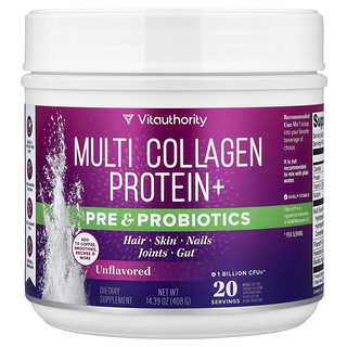 Vitauthority, Proteína con múltiples tipos de colágeno, prebióticos y probióticos, Sin sabor, 408 g (14,39 oz)