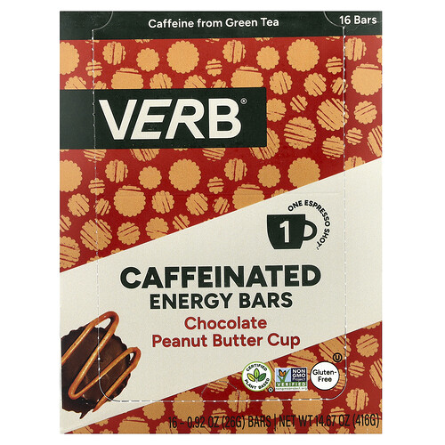 VERB Caffeinated Gluten Free Chocolate Peanut Butter Cup Energy Bar, 0.92 oz, 16/Pack (220-02524), Green | Quill