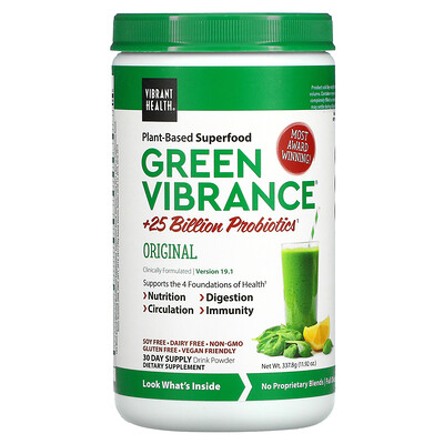 

Vibrant Health Green Vibrance +25 млрд пробиотиков, версия 19.1, 337 г (11,92 унции)