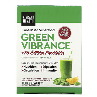Vibrant Health, Green Vibrance + 250 億益生菌，版本 19.0，15 包，5.96 盎司（168.9 克）