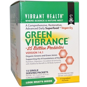 Купить Vibrant Health, Green Vibrance +25 млрд пробиотиков, версия 14.1, 15 пакетов 6,4 унц. (181,5 г)  на IHerb