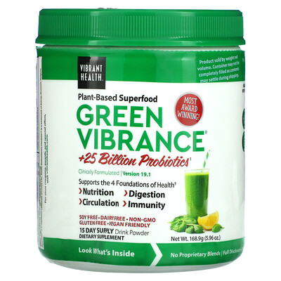 

Vibrant Health Green Vibrance +25 млрд пробиотиков, версия 19.1, 168 г (5,96 унции)