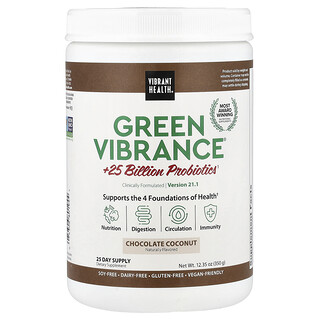 Vibrant Health, Green Vibrance® cu 25 de miliarde de probiotice, versiunea 21.0, ciocolată cu nucă de cocos, 350 g