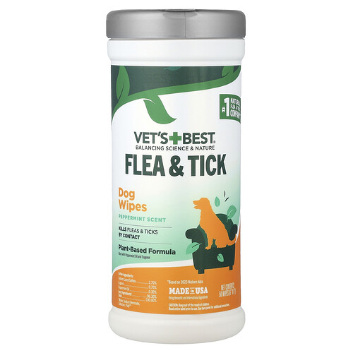 Vet's Best, Flea & Tick Dog Wipes, Peppermint, 50 Wipes (6 x 8) Each