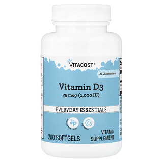 Vitacost, Vitamina D3, 25 mcg (1000 UI), 200 cápsulas blandas