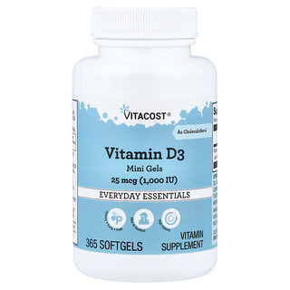 Vitacost, витамин D3 в мини-капсулах, 25 мкг (1000 МЕ), 365 капсул