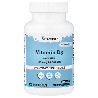 Vitacost, Vitamin D3 Mini Gels, 125 mcg (5 000 IE), 200 Softgels