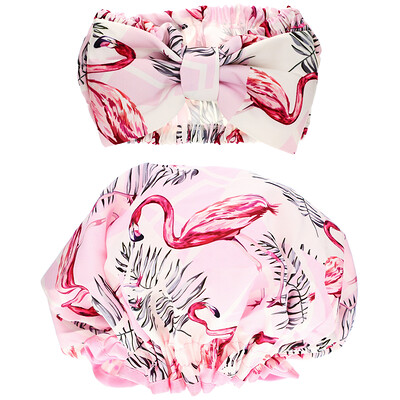 The Vintage Cosmetic Co. Make-Up Headband and Shower Cap Set, Pink Flamingo, 1 Set