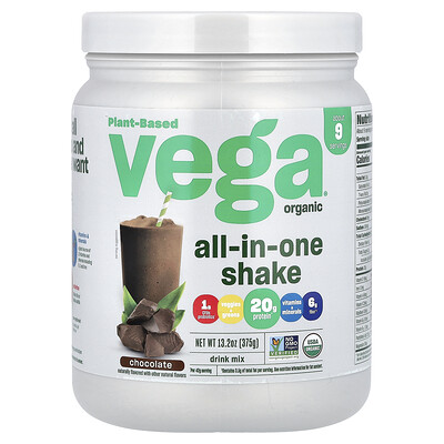 Vega , Organic, All-In-One Shake, Chocolate, 13.2 Oz (375 G) 13.2Oz