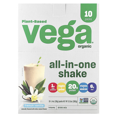 Vega Plant-Based Organic All-In-One Shake French Vanilla 10 Pack 1.4 oz (38 g) Each