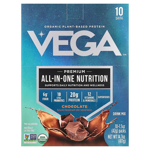 Vega, Organic Plant-Based Protein, Premium All-In-One Nutrition, Chocolate, 10 Packs, 1.5 oz (42 g) Each