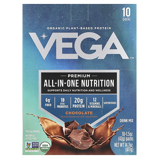 Vega, Plantaardige biologische alles-in-één shake, chocolade, 10 verpakkingen, 42 g per stuk