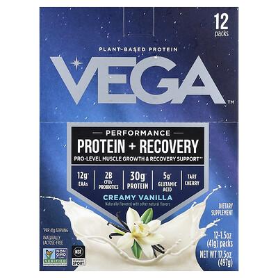 Photos - Vitamins & Minerals Performance Vega, Plant-Based Protein, Protein + Recovery, Creamy Vanilla, 12 Packs, 1.5 oz Each VEG-00865 (41 g)