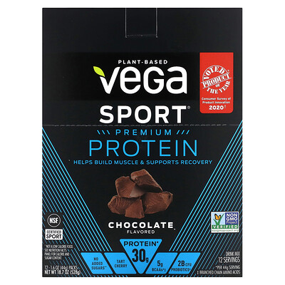 Vega Sport, растительный протеин премиального качества, шоколадный вкус, 12пакетиков, 44г (1,6унции) каждый