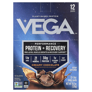 Vega, Performance, Протеин + Възстановяване, Кремообразен шоколад, 12 опаковки, 44 г всяка