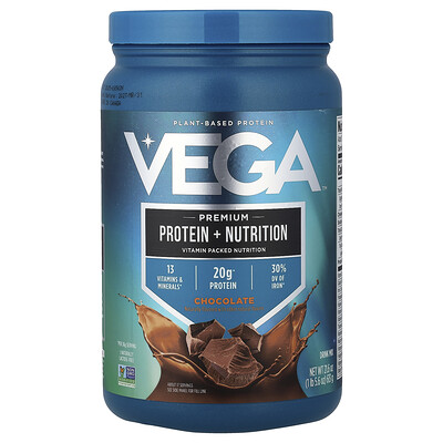 Product Image for Vega, Plant-Based Protein, Premium Protein + Nutrition, Chocolate, 1 lb 5.6 oz (613 g)