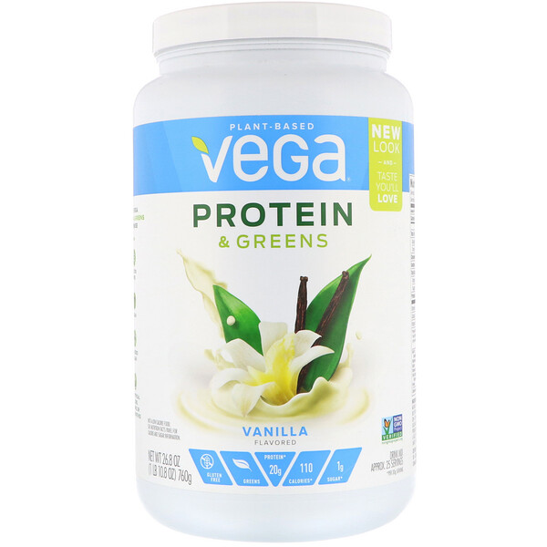 Vega, Protein und Grünpflanzen, Vanillegeschmack, 26,8 oz (760 g)