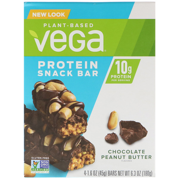Vega, Protein Snack Bar, Chocolate Peanut Butter, 4 Bars, 1.6 oz (45 g