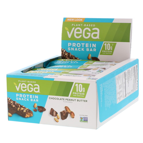 Vega‏, Protein Snack Bar, Chocolate Peanut Butter, 12 Bars, 1.6 oz (45 g) Each