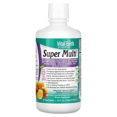 

Vital Earth Minerals Super Multi, мультивитаминная добавка, натуральный вкус тропического мандарина, 946 мл (32 жидк. унции)