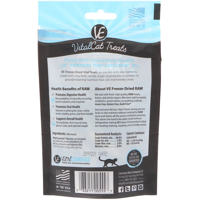 Vital Essentials, Vital Cat, FreezeDried Treats For Cats, Minnows, 0.5