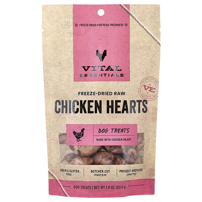 Vital Essentials, Freeze-Dried Raw Dog Treats, Chicken Hearts, 1.9 oz (53.9 g)