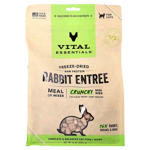 Vital Essentials, Pakastekuivattu raakaproteiini, rapeita mininibsejä, kissoille, kanin pääruoka, 12 oz (340,2 g)