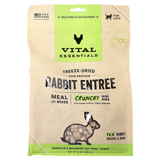 Vital Essentials, Pakastekuivattu raakaproteiini, rapeita mininibsejä, kissoille, kanin pääruoka, 12 oz (340,2 g)