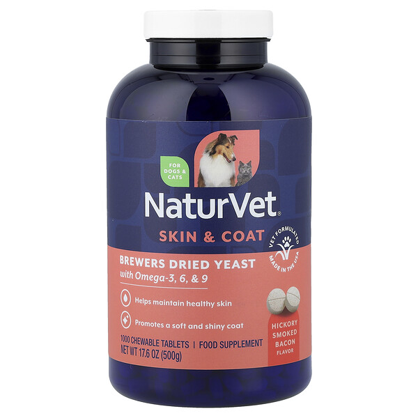NaturVet Brewers Dried Yeast + Omegas, For Dogs and Cats, 1,000 Chewable Tabs, 17.6 oz (500 g)