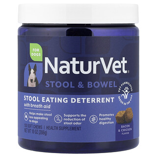 NaturVet, Heces e intestinos, Suplemento para desalentar la ingestión de heces y favorecer un aliento fresco, Para perros, Tocino y pollo, 130 bocadillos masticables blandos, 286 g (10 oz)