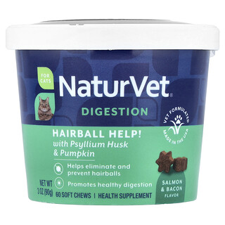 NaturVet, Az emésztés, a szőrgomba segít a psyllium maghéjjal és sütőtökkel, macskáknak, lazac és szalonna, 60 puha rágódarab, 90 g (3 uncia)