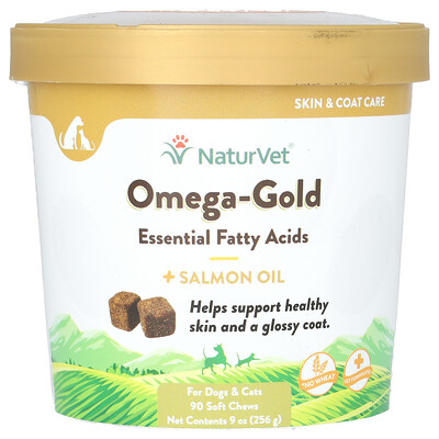 NaturVet  Omega-Gold Essential Fatty Acids + Salmon Oil  For Dogs & Cats  90 Soft Chews  9 oz (256 g)