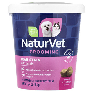 NaturVet, Toelettatura, Antimacchia con luteina, per cani e gatti, Pancetta e pollo, 70 compresse masticabili morbide, 154 g
