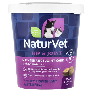 NaturVet, Hip & Joint, Maintenance Joint Care with Chondroitin, For Dogs & Cats, Bacon & Chicken, 70 Soft Chews, 5.4 oz (154 g)