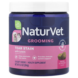 NaturVet, Toelettatura, Antimacchia con luteina, per cani e gatti, Pancetta e pollo, 120 compresse masticabili morbide, 264 g