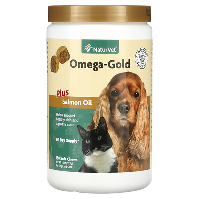 

NaturVet, Omega-Gold Plus Salmon Oil, For Dogs and Cats, 180 Soft Chews, 18 oz (513 g)