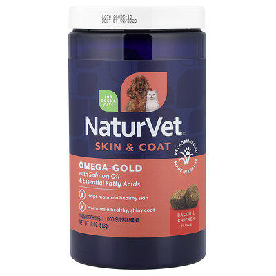 NaturVet, Omega-Gold Essential Fatty Acids +Salmon Oil, For Dogs and Cats, 180 Soft Chews, 18 oz (513 g)
