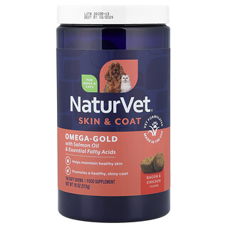 NaturVet, Omega-Gold Essential Fatty Acids + Salmon Oil, For Dogs and Cats, 180 Soft Chews, 18 oz (513 g)