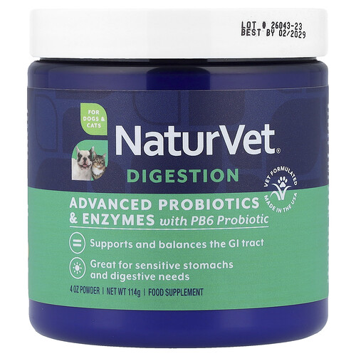 NaturVet, Advanced Probiotics & Enzymes with PB6 Probiotic, For Dogs & Cats, 4 oz (114 g)