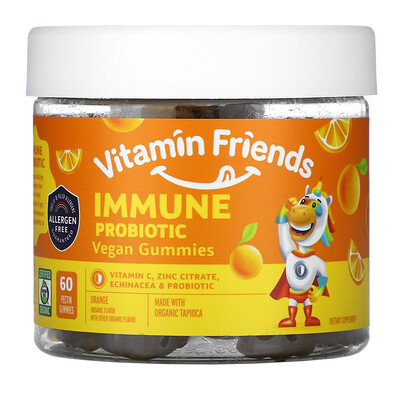 Vitamin Friends веганские жевательные конфеты с пробиотиками для иммунной системы, апельсин, 60 жевательных конфет с пектином