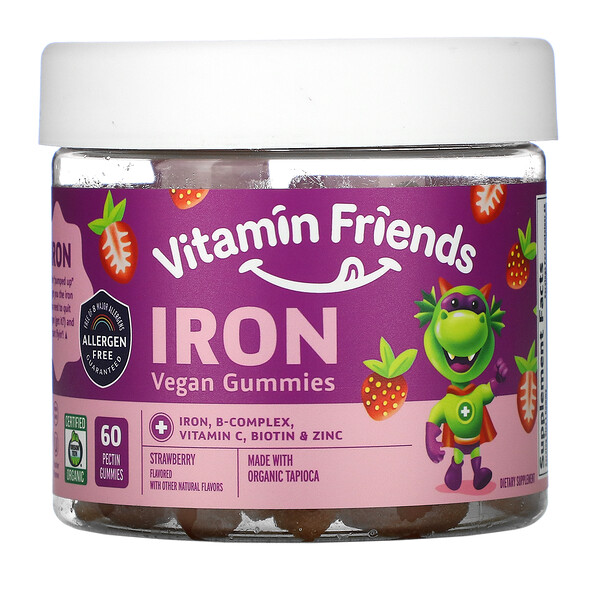 Vitamin Friends, Iron Vegan Gummies, vegane Fruchtgummis mit Eisen, Erdbeere, 60 Pektinfruchtgummis