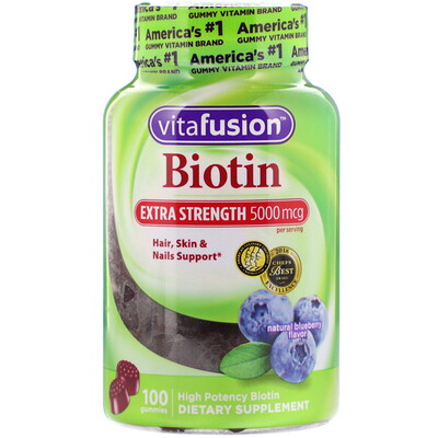 VitaFusion Биотин повышенной силы действия, натуральный вкус голубики, 5000 мкг, 100 жевательных таблеток