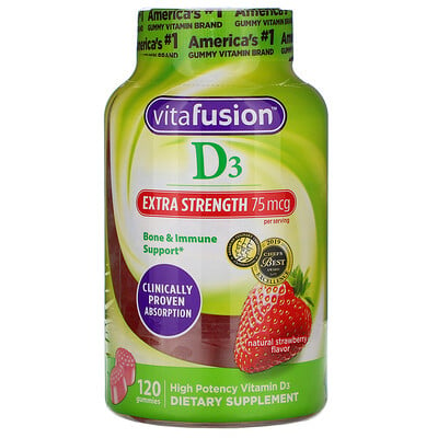 VitaFusion Extra Strength D3, Bone & Immune Support, Natural Strawberry Flavor, 75 mcg, 120 Gummies
